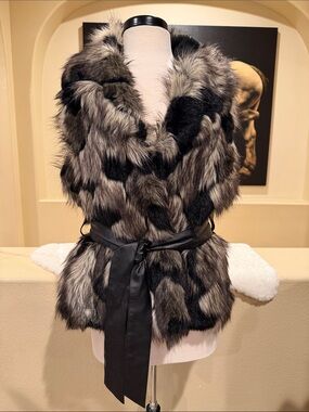 Patchwork Faux Fur Vest with Waist Belt